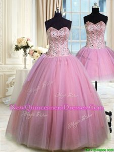 Pretty Three Piece Floor Length Lace Up Quinceanera Dress Lavender and In for Military Ball and Sweet 16 and Quinceanera withBeading