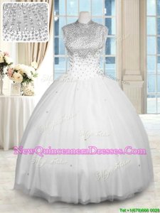 Affordable High-neck Sleeveless Zipper Quinceanera Dress White Tulle