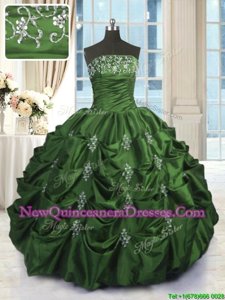 Best Selling Green Strapless Neckline Beading and Appliques and Embroidery and Pick Ups Quinceanera Gown Sleeveless Lace Up