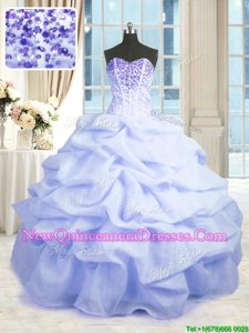 Exquisite Floor Length Lavender Quinceanera Gown Organza Sleeveless Spring and Summer and Fall and Winter Beading and Ruffles