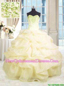 Cute Light Yellow Organza Lace Up Vestidos de Quinceanera Sleeveless Floor Length Beading and Ruffles