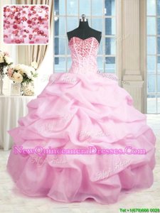 Pink Ball Gowns Sweetheart Sleeveless Organza Floor Length Lace Up Beading and Ruffles Sweet 16 Quinceanera Dress