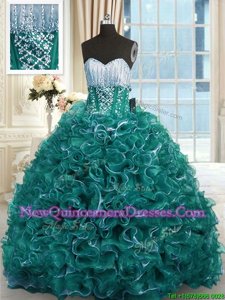 Hot Selling With Train Ball Gowns Sleeveless Turquoise Quinceanera Gown Brush Train Lace Up