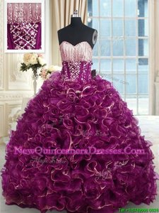 Spectacular Sweetheart Sleeveless Brush Train Lace Up Quinceanera Dress Fuchsia Organza