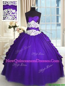 Purple Ball Gowns Sweetheart Sleeveless Taffeta and Tulle Floor Length Lace Up Beading and Lace and Appliques and Ruching and Pick Ups Vestidos de Quinceanera