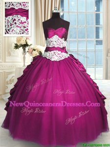 Chic Taffeta and Tulle Sweetheart Sleeveless Lace Up Beading and Lace and Ruching and Pick Ups Vestidos de Quinceanera inFuchsia