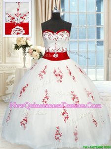 Customized Floor Length White Quinceanera Dresses Tulle Sleeveless Spring and Summer and Fall and Winter Appliques and Belt