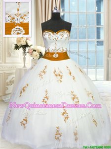 Ideal Appliques and Belt Quinceanera Gowns White Lace Up Sleeveless Floor Length