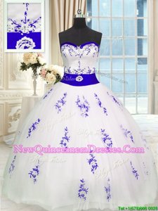 Dramatic Sweetheart Sleeveless Quinceanera Dress Floor Length Embroidery and Belt White Tulle