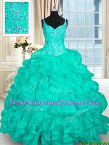 Spaghetti Straps Sleeveless Organza Sweet 16 Dresses Beading and Ruffles Brush Train Lace Up