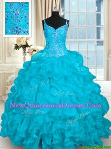 Spaghetti Straps Sleeveless Brush Train Lace Up Quince Ball Gowns Aqua Blue Organza