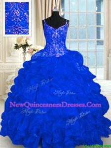 New Style Pick Ups Royal Blue Sleeveless Organza Brush Train Lace Up Quinceanera Dress for Military Ball and Sweet 16 and Quinceanera