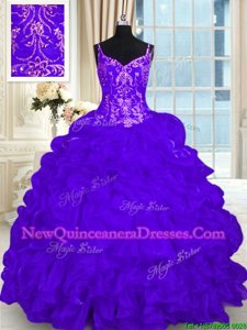 Delicate Purple Ball Gowns Spaghetti Straps Sleeveless Organza Brush Train Lace Up Beading and Embroidery and Ruffles and Pick Ups Sweet 16 Dresses