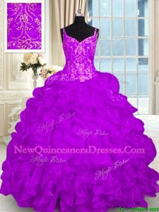 Pretty Beading and Embroidery and Ruffles Quinceanera Dress Purple Lace Up Sleeveless Brush Train