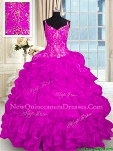 Sophisticated Organza Spaghetti Straps Sleeveless Brush Train Lace Up Beading and Embroidery and Ruffles Quinceanera Gowns inFuchsia