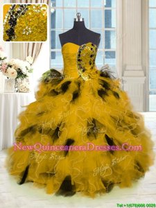 Fabulous Gold Sleeveless Tulle Lace Up Quinceanera Gown for Military Ball and Sweet 16 and Quinceanera