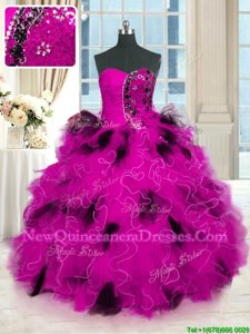 Chic Strapless Sleeveless Tulle Ball Gown Prom Dress Beading and Ruffles Lace Up