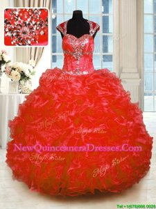 Top Selling Red Lace Up Straps Beading and Ruffles Quinceanera Gown Organza Cap Sleeves