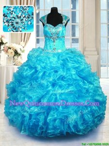 Clearance Aqua Blue Ball Gowns Straps Cap Sleeves Organza Floor Length Lace Up Beading and Ruffles Quince Ball Gowns