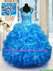 Customized Baby Blue Ball Gowns Organza Straps Cap Sleeves Beading and Ruffles Floor Length Lace Up Quinceanera Gown