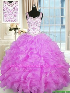 Adorable Lilac Sleeveless Floor Length Beading and Ruffles Lace Up Quinceanera Dress