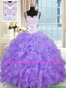 Edgy Floor Length Lace Up 15th Birthday Dress Lavender and In for Military Ball and Sweet 16 and Quinceanera withBeading and Appliques and Ruffles