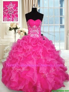 Hot Selling Hot Pink Lace Up Quinceanera Gown Beading and Appliques and Ruffles Sleeveless Floor Length