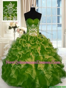 Romantic Olive Green Sleeveless Beading and Ruffles Floor Length Vestidos de Quinceanera