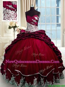 Glorious Wine Red Quinceanera Gown Military Ball and Sweet 16 and Quinceanera and For withBeading and Appliques and Pick Ups Sweetheart Sleeveless Brush Train Lace Up