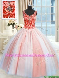 Glamorous Multi-color Lace Up V-neck Beading and Sequins Quinceanera Gowns Tulle Sleeveless