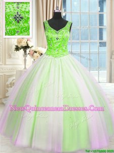 Tulle V-neck Sleeveless Lace Up Beading and Sequins 15 Quinceanera Dress inMulti-color