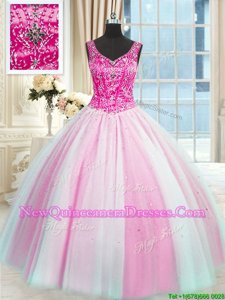 Baby Pink and Pink And White Ball Gown Prom Dress Military Ball and Sweet 16 and Quinceanera and For withBeading V-neck Sleeveless Lace Up