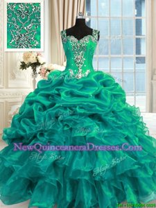 Clearance Floor Length Turquoise Sweet 16 Dresses Organza Sleeveless Spring and Summer and Fall and Winter Beading and Ruffles and Pick Ups