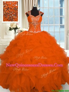 Designer Floor Length Orange Quince Ball Gowns Straps Cap Sleeves Lace Up