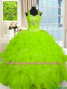 Captivating Straps Cap Sleeves Lace Up Quince Ball Gowns Yellow Green Organza