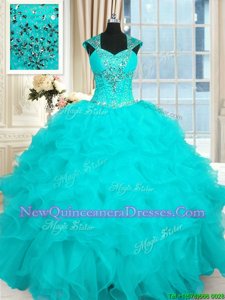 Trendy Cap Sleeves Organza Floor Length Lace Up 15 Quinceanera Dress inAqua Blue withBeading and Ruffles