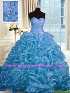 Lovely Blue Lace Up 15th Birthday Dress Beading and Pick Ups Sleeveless Sweep Train