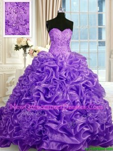 Amazing Lavender Sleeveless Sweep Train Beading and Pick Ups With Train Quinceanera Gowns