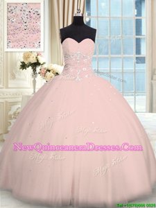 Custom Design Pink Lace Up 15 Quinceanera Dress Beading Sleeveless Floor Length