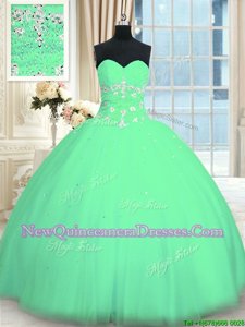 Fashionable Turquoise Lace Up Sweetheart Appliques Quinceanera Gowns Tulle Sleeveless