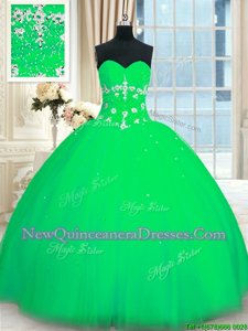 Hot Selling Green Ball Gowns Tulle Sweetheart Sleeveless Appliques Floor Length Lace Up Sweet 16 Quinceanera Dress