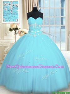 Clearance Light Blue Ball Gowns Tulle Sweetheart Sleeveless Appliques Floor Length Lace Up Quinceanera Dress