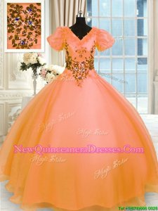 Popular Floor Length Orange Sweet 16 Dress V-neck Short Sleeves Lace Up