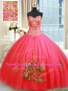 Colorful Coral Red Sleeveless Beading and Appliques and Embroidery Floor Length 15 Quinceanera Dress