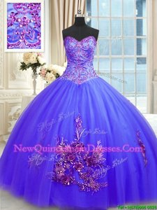 Sleeveless Tulle Floor Length Lace Up Quince Ball Gowns inBlue withEmbroidery