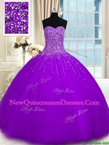 Hot Selling Purple Ball Gowns Sweetheart Sleeveless Tulle Floor Length Lace Up Beading Sweet 16 Quinceanera Dress