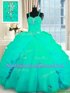 New Style With Train Turquoise 15th Birthday Dress Spaghetti Straps Sleeveless Sweep Train Lace Up