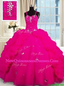 Fine Spaghetti Straps Sleeveless Brush Train Lace Up Ball Gown Prom Dress Fuchsia Organza