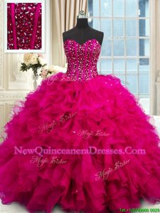 Fancy Fuchsia Ball Gowns Organza Sweetheart Sleeveless Beading and Ruffles and Sequins Floor Length Lace Up 15th Birthday Dress