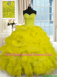 On Sale Sleeveless Organza Floor Length Lace Up Sweet 16 Quinceanera Dress inYellow withBeading and Ruffles